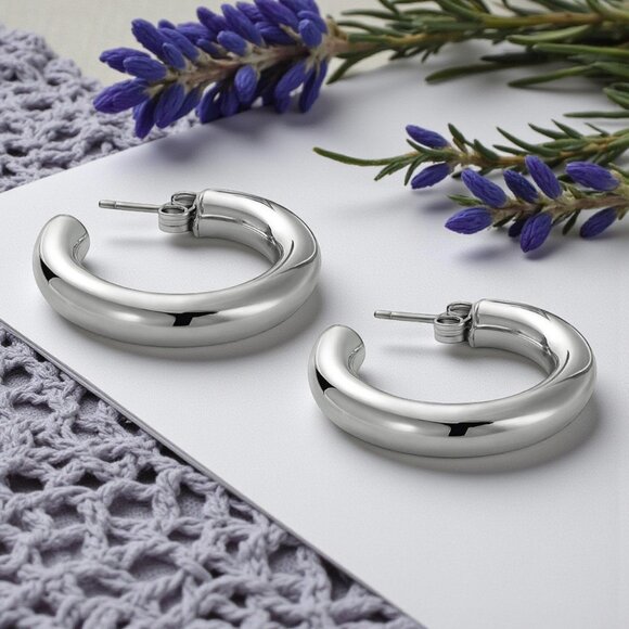 Chunky C Hoop Earrings 18K White Gold Plated Stainless Steel Minimalist - Picture 8 of 14